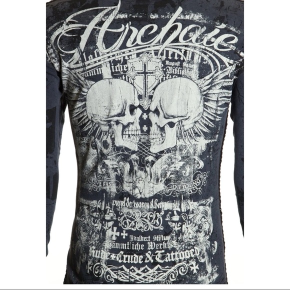 Archaic by Affliction Men's Thermal Shirt CRUDE Skull Biker Charcoal - Picture 8 of 9